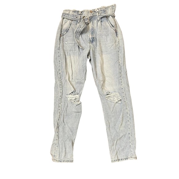 KanCan‎ Hi Rise Belted Paperbag Mom Jeans Distressed Light Wash Denim Women 29 - Picture 1 of 10